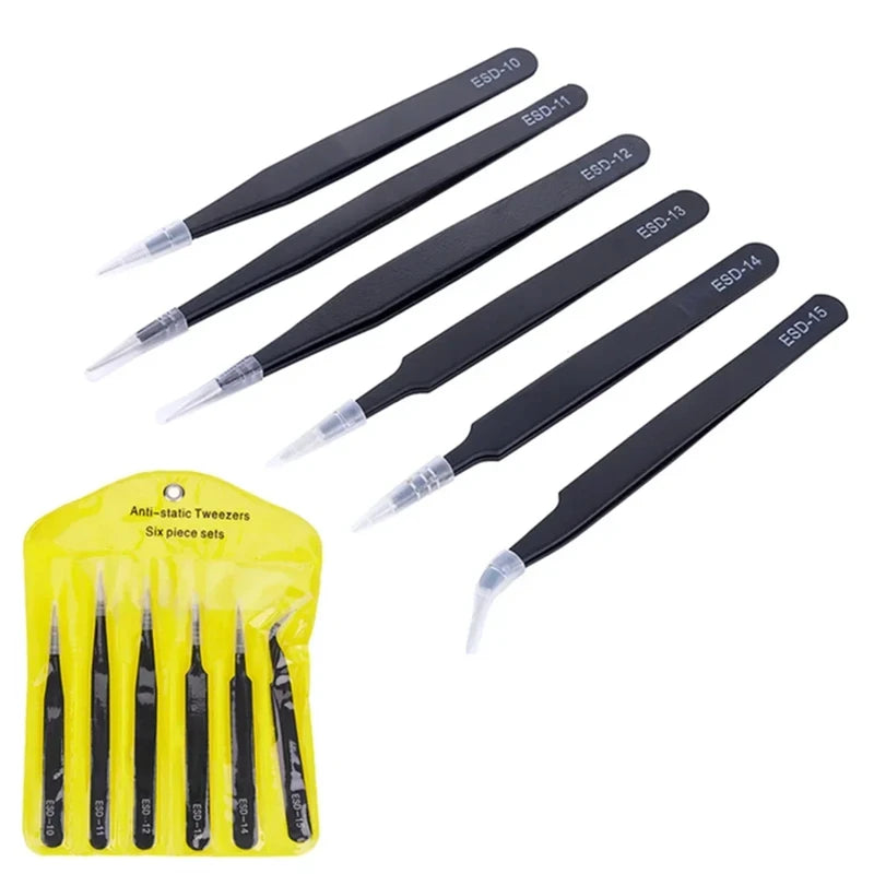 6PCS Precision Tweezers Set Stainless Steel Curved of Tweezers for
