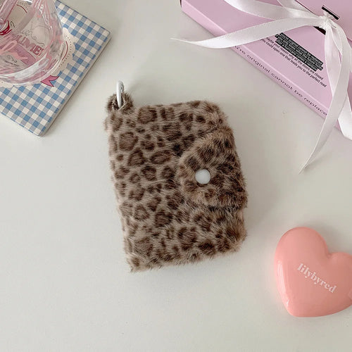 New Fashion Plush Leopard Pattern Snap Card Bag for Girls Mini Storage