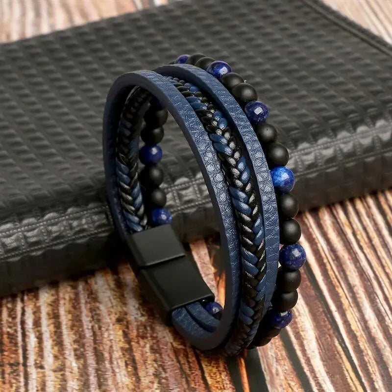 Men Leather Bracelet Classic Fashion Tiger Eye Beaded Multi Layer