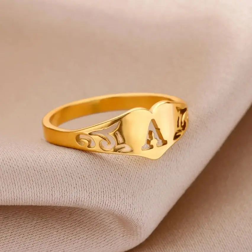 Fashion Hollow Initial Letter Heart Rings For Women Gold Color