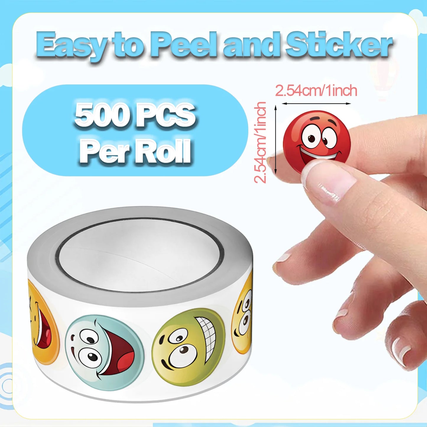 500Pcs/Roll Cute Funning Face Paste Sticker 2.5cm/1.0'' 16 Designs