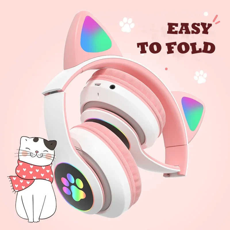 Flash Lamp Cute Cat Ears Headphone Bluetooth5.0 Stereo With Mic