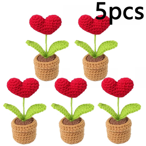 1/2/3/5Pcs Handmade Knitted Flower Pot Red Heart Shaped Knit Imitation