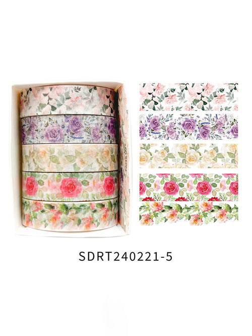 5 rolls of boxed romantic flower handbook tape, cute DIY fresh