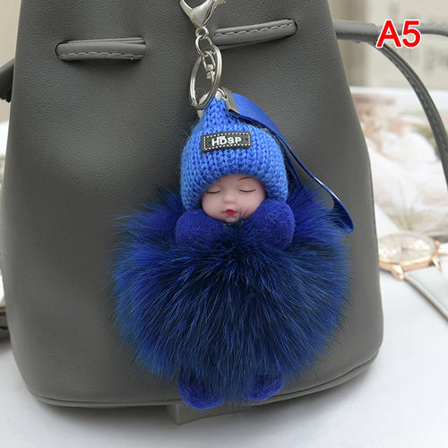 Pompom Sleeping Baby Keychain Cute Fluffy Plush Doll Keyholder Women