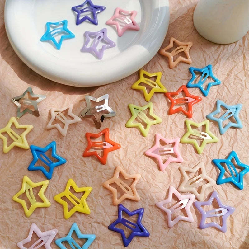 10pcs/30pcs Cute Hollow Star Hair Clips Vibrant Colorful Snap Design