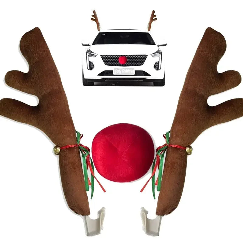 Christmas Car Decoration Deer Horn Antlers Car Kit with Red Nose and