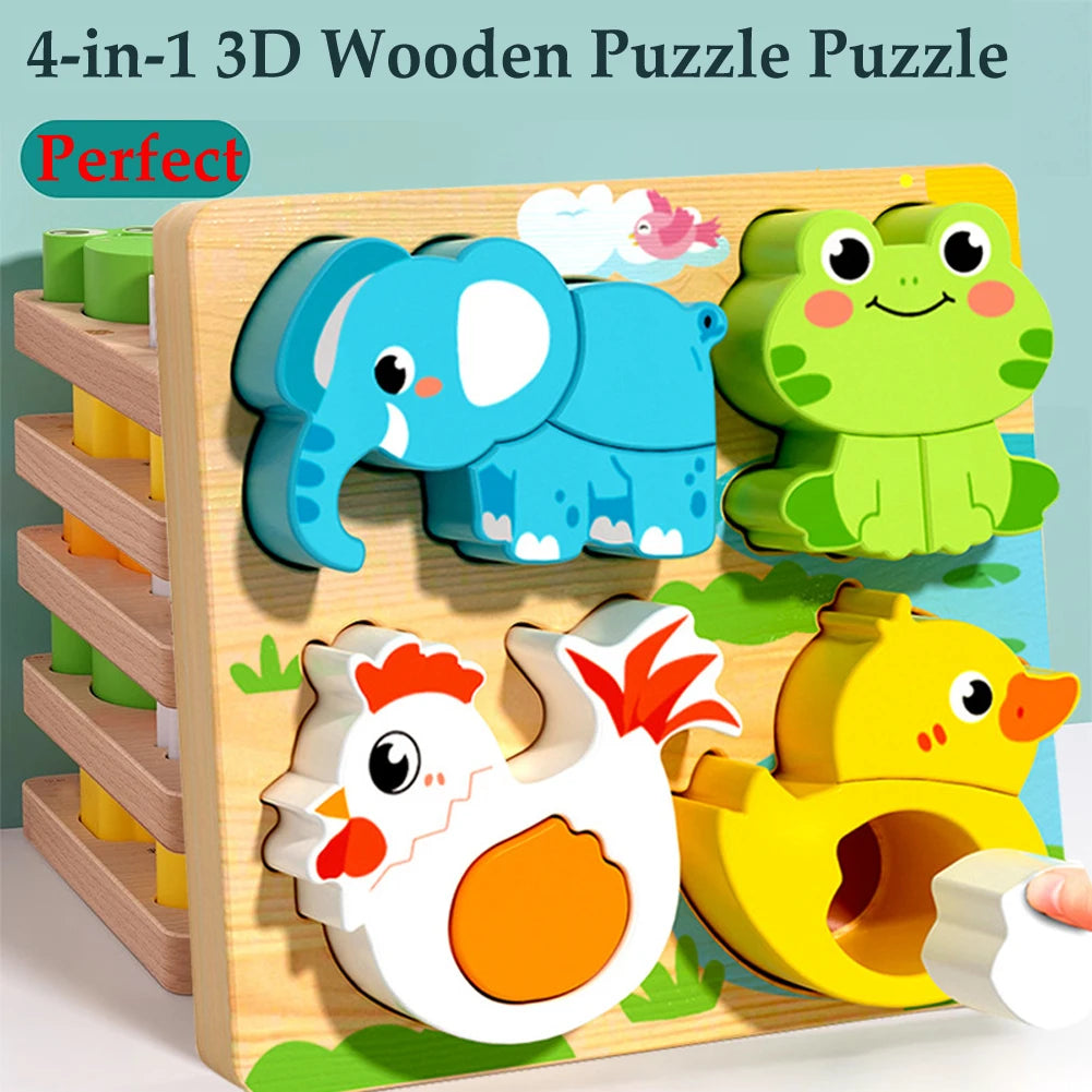 4-in-1 Wooden Toys 3D Wood Puzzle Cartoon Animals Cognitive Jigsaw