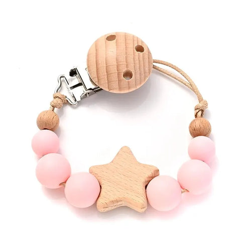 New Baby Pacifier Chain Clips Wood Pentagram Teether Silicone Round