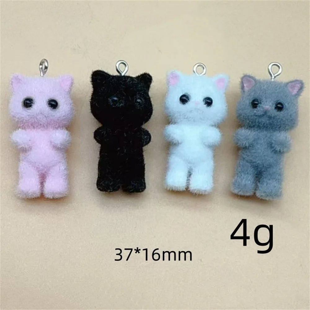 4pcs Kawaii 3D Fluffy Flocking Resin Cat Animal Charms Pendant