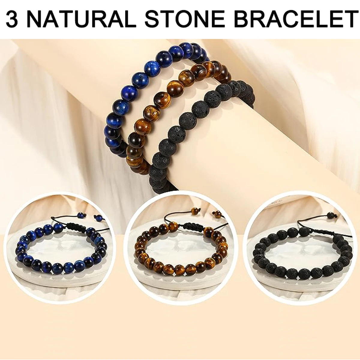 3 Style 8mm Natural Tiger Eyes Lava Rock Protection HANDMADE Bracelet
