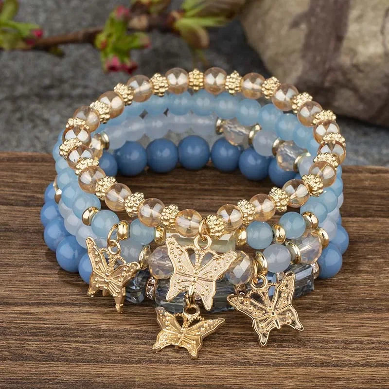 4Pcs Trendy Butterfly Beaded Bracelet Set For Women Pink Acrylic Beads