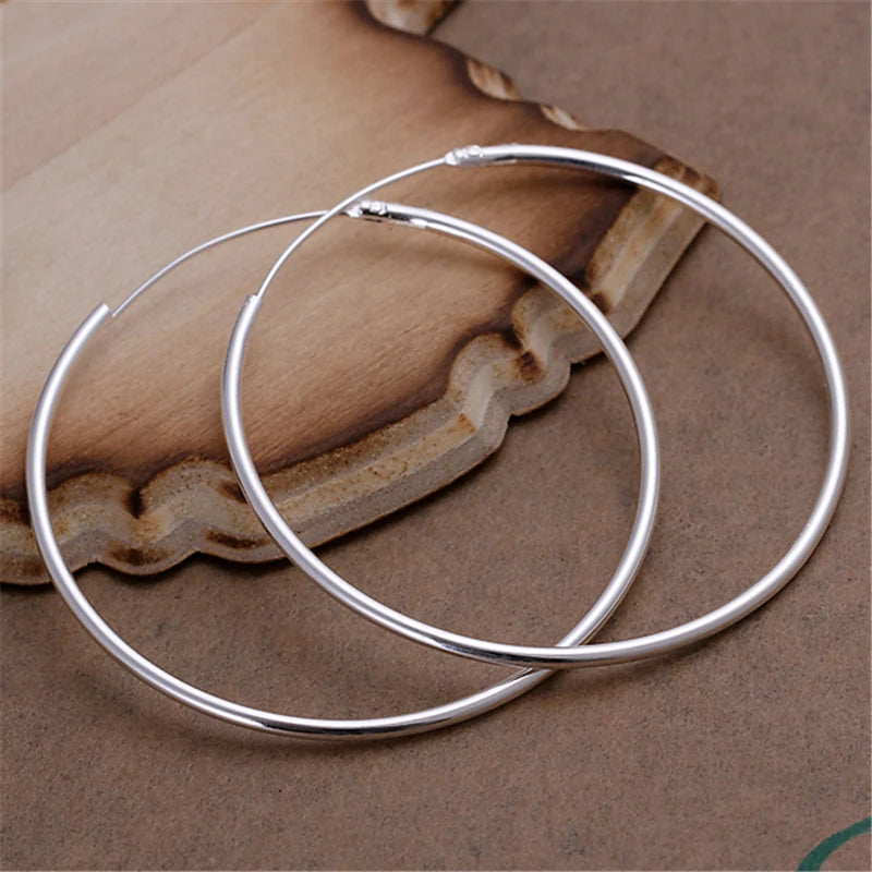 Round Circle 35/50/60mm Hoop Earrings Silver Color For Woman Wedding