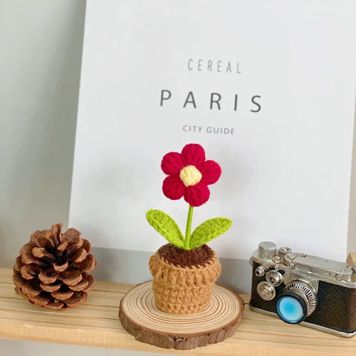 Handmade Knitted Flower Pot Red Heart Shaped Knit Imitation Potted