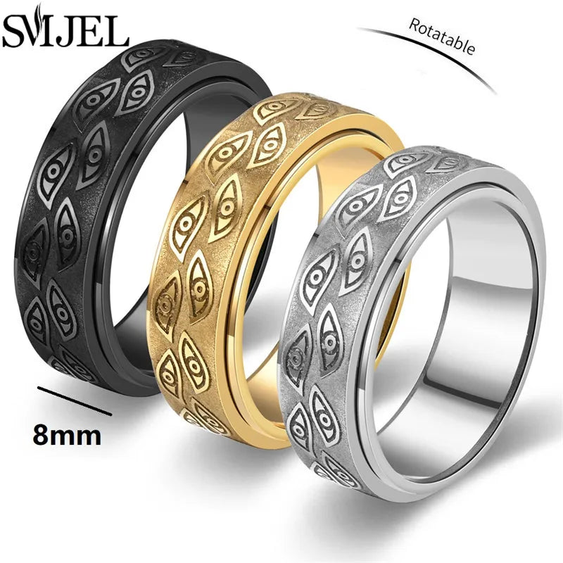 Vintage Carved Eyes Stainless Steel Rings 8mm Fashion Fidget Spinner