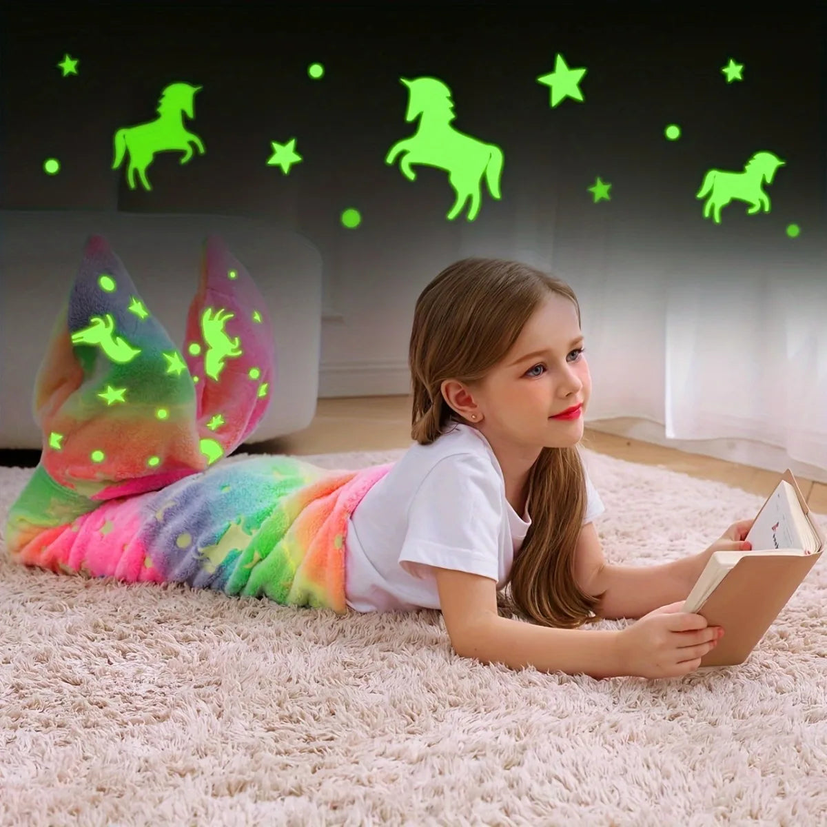 Cartoon Rainbow Unicorn Mermaid Tail Blanket Super Soft Glow in The