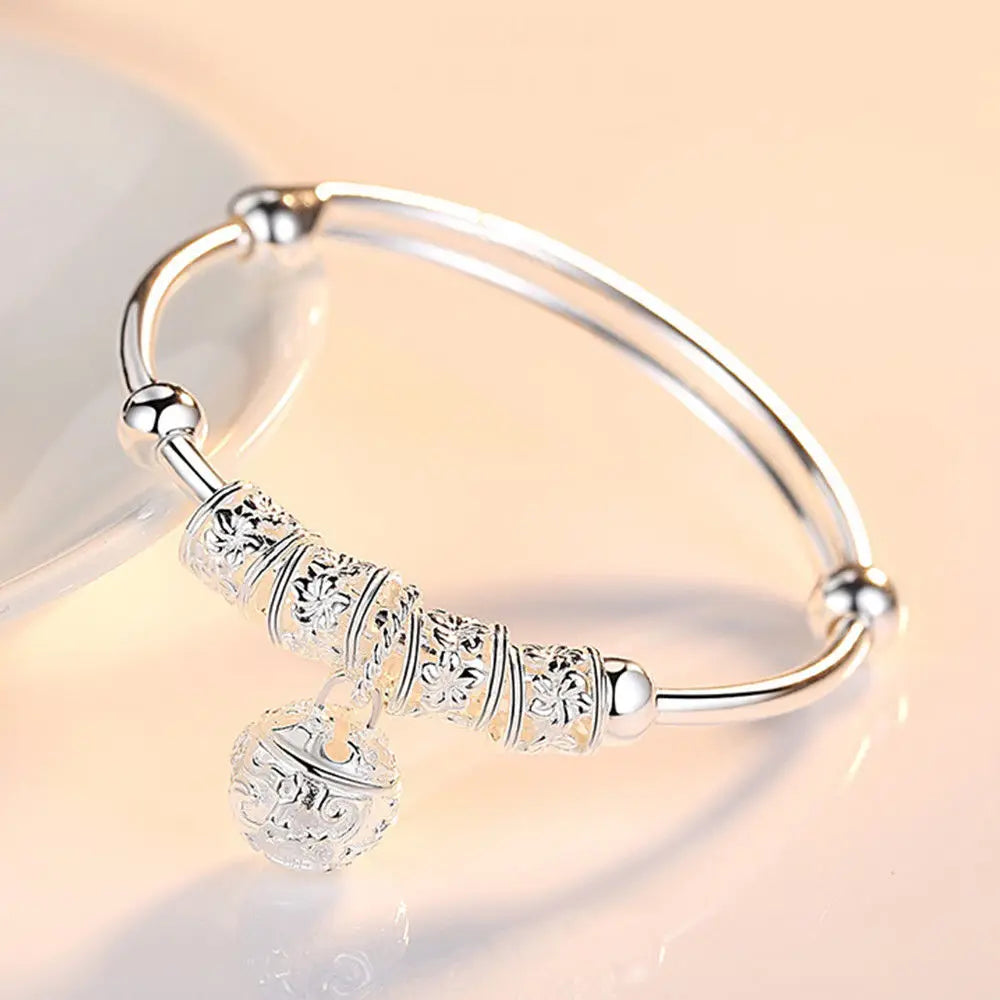 Fine Silver Color Hollow Bells Ball Bangles Adjustable Bracelets for