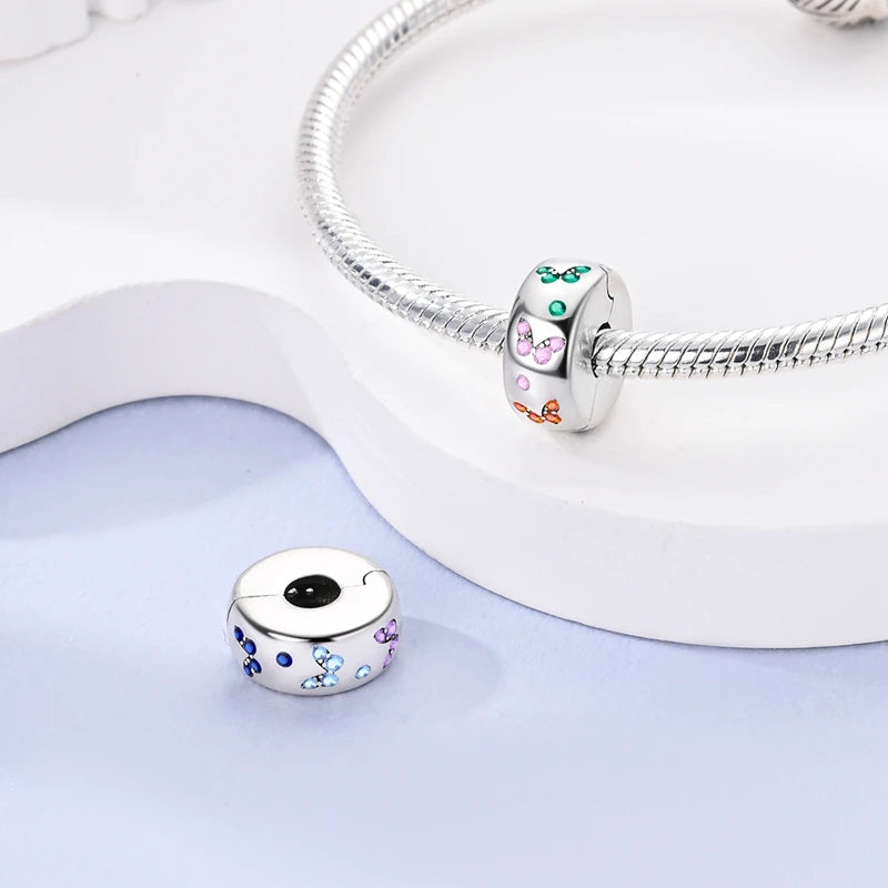 Original 925 Sterling Silver Clip Charm Inlaid Zircon Cat Butterfly