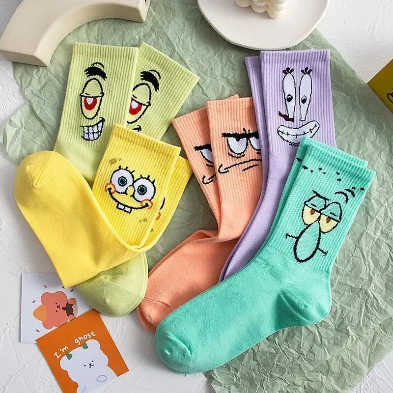 5 Pairs Kawaii SpongeBob Mid-Calf Socks Breathable Cotton Comfortable
