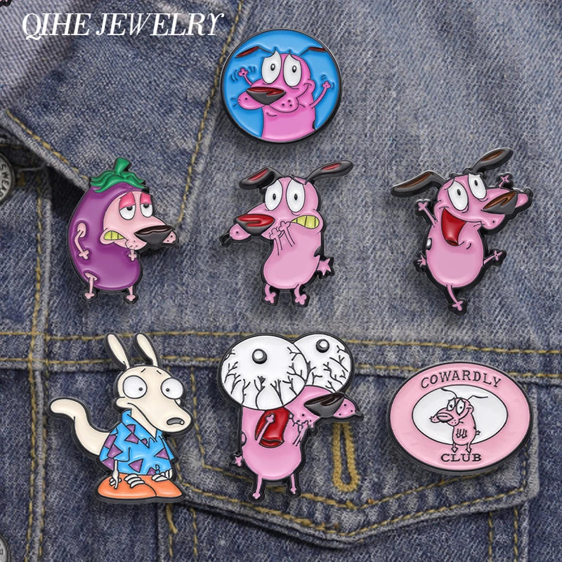 Cartoon Courage Cowardly Dog Brooch Enamel Pins Cute Pink Animal Dog