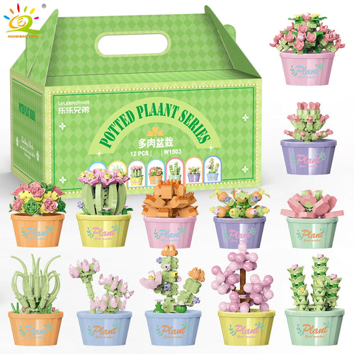 HUIQIBAO MOC Flower Succulent Potted Model Building Block DIY Eternal