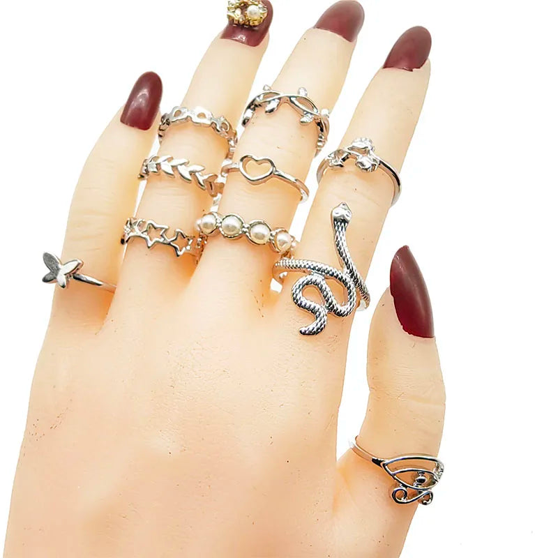 30pcs/Lot Mix Style Pearl Silver Color Finger Rings Animal Snake Chain