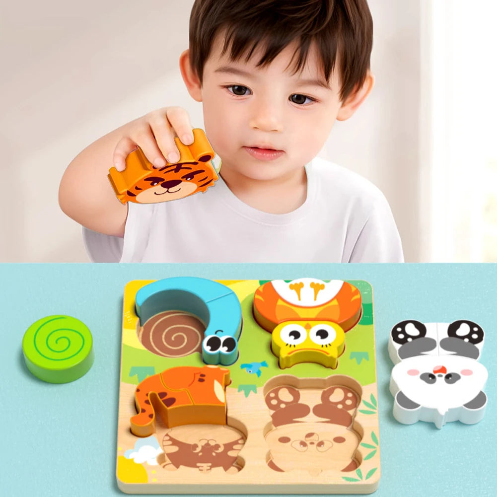 4-in-1 Wooden Toys 3D Wood Puzzle Cartoon Animals Cognitive Jigsaw
