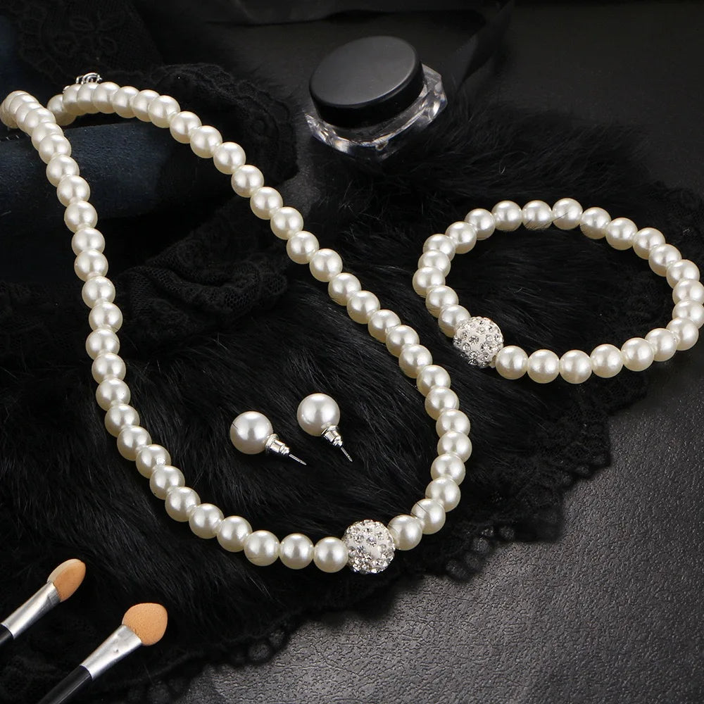 3 PCS Imitation Pearl Fireball Necklace Bracelet Earring Stud Jewelry
