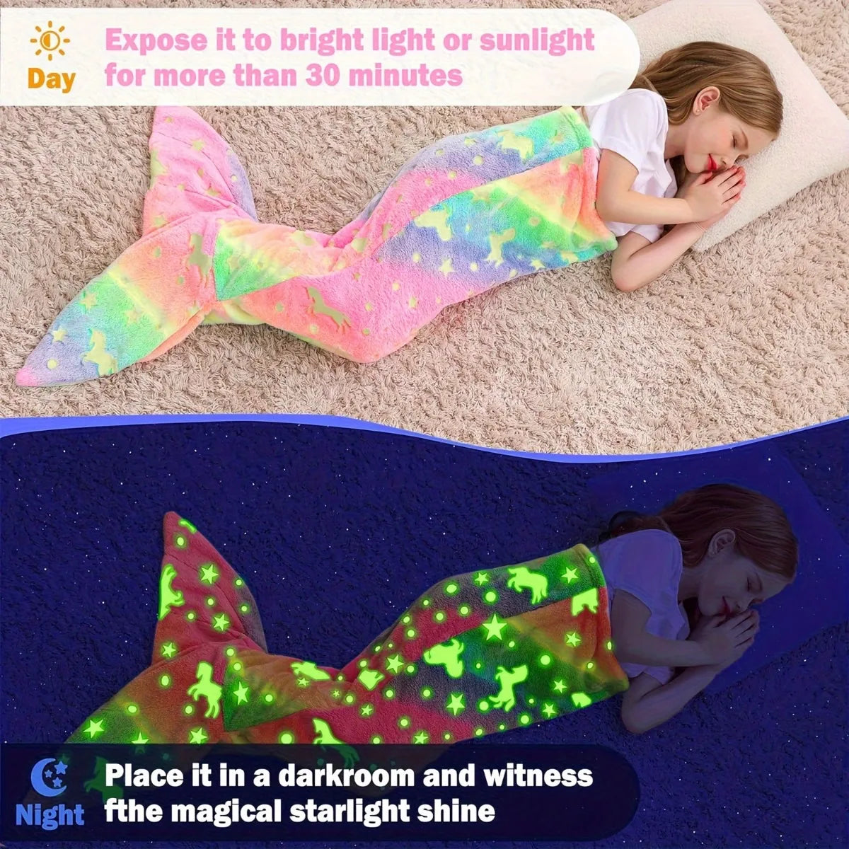 Cartoon Rainbow Unicorn Mermaid Tail Blanket Super Soft Glow in The