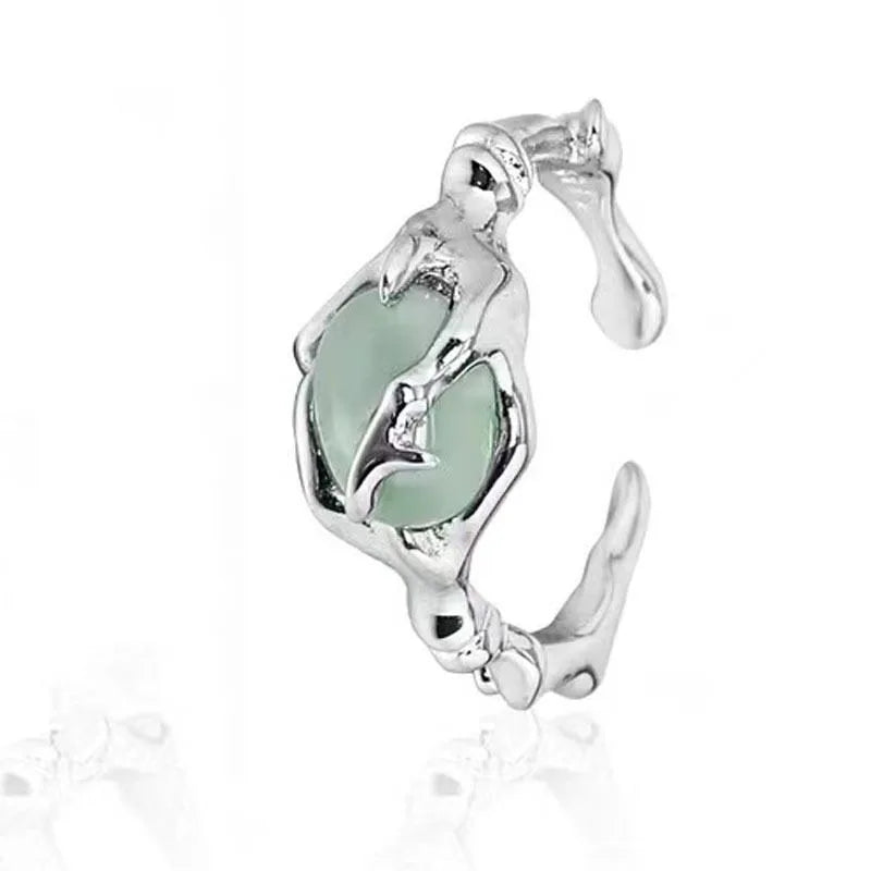 925 Sterling Silver plated Liquid Lava Hetian Jade Bamboo Ring for
