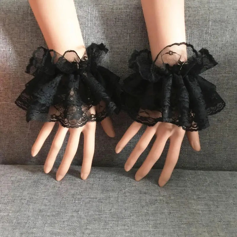 1Pair Lolita Hand Sleeve Wrist Cuffs Ruffled Floral Black Lace Elastic