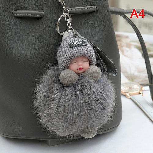 Pompom Sleeping Baby Keychain Cute Fluffy Plush Doll Keyholder Women