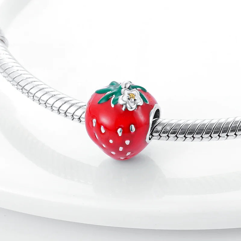 New 925 Silver Color Strawberry Cherry Fruit Series Charms Beads Fit