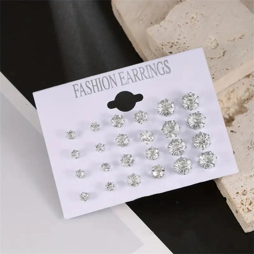 12 Pairs Set Stainless Steel Stud Earrings with Gemstone Buds Round