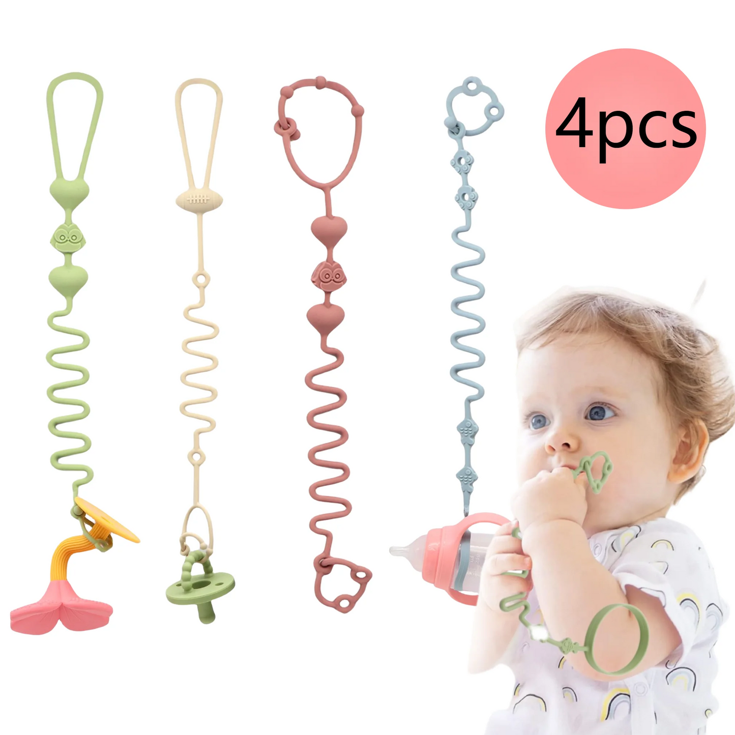 4pcs Adjustable Silicone Pacifier Chain, Teether Toys, Suitable for