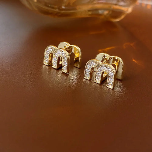 Letter M-shape Zircon Hoop Earrings for Women Oil Dripping