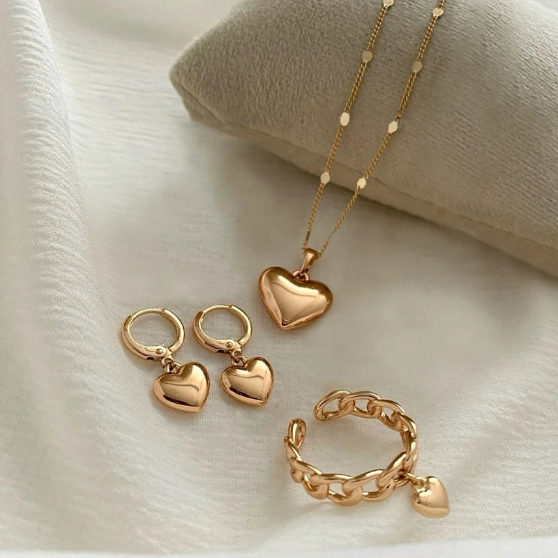 4Pcs/Set Vintage Love Heart Pendant Necklace Ring Hoop Earring for