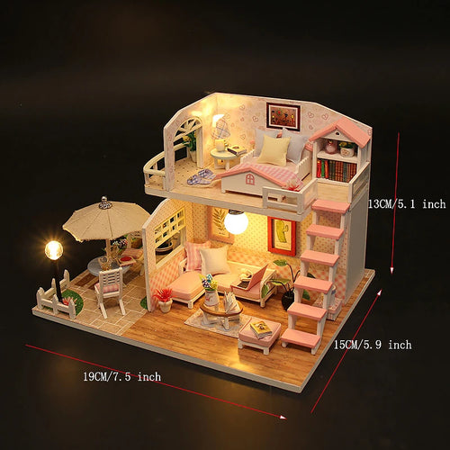 Doll House Kit Wooden Puzzle Assembly Building Model Toys Hourly Light