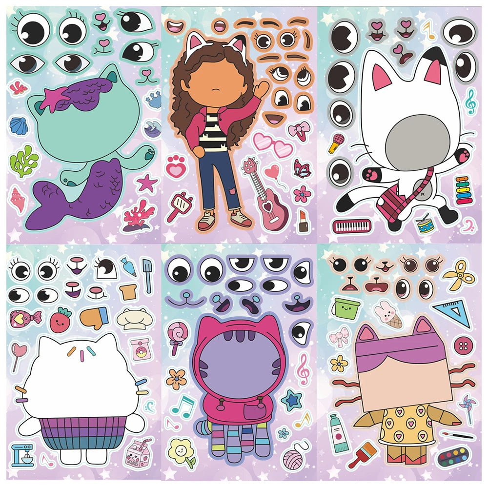 6/12Sheets Gabby's Dollhouse Make A Face Puzzle Stickers Kids Make