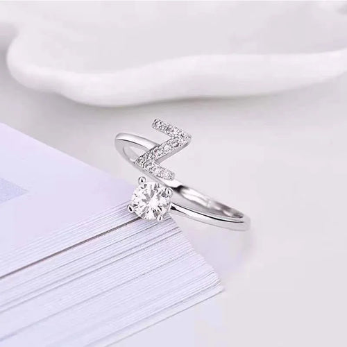 LATS Zircon Initial A-Z Letter Rings for Women Girl Adjustable Opening