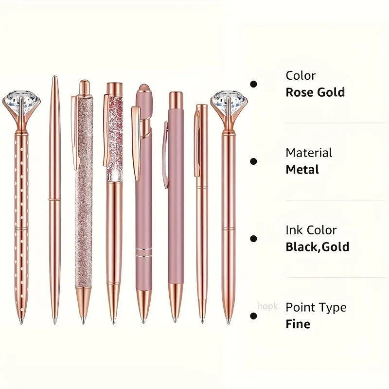 8pcs Rose Golden Ballpoint Pen Set - Stylish Metal Pens with Crystal