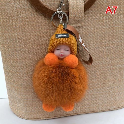 Pompom Sleeping Baby Keychain Cute Fluffy Plush Doll Keyholder Women