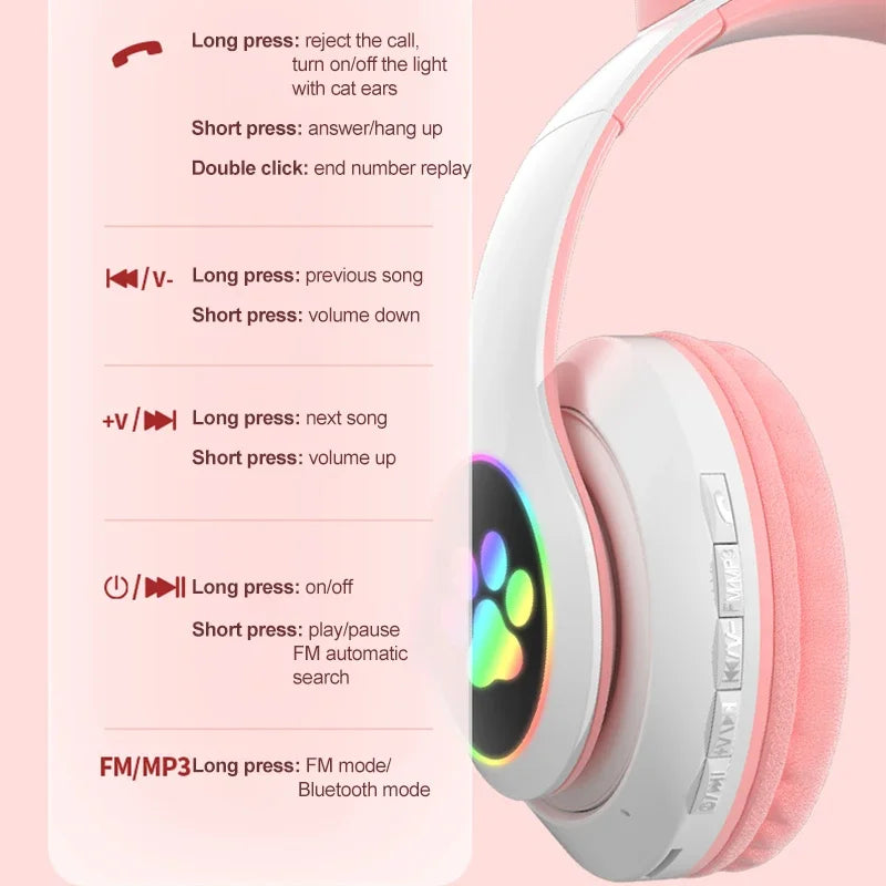 Flash Lamp Cute Cat Ears Headphone Bluetooth5.0 Stereo With Mic