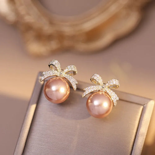 Sparkling Rhinestone Bow Pearl Stud Earrings Light Luxury Fashion