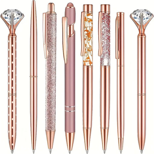 8pcs Rose Golden Ballpoint Pen Set - Stylish Metal Pens with Crystal