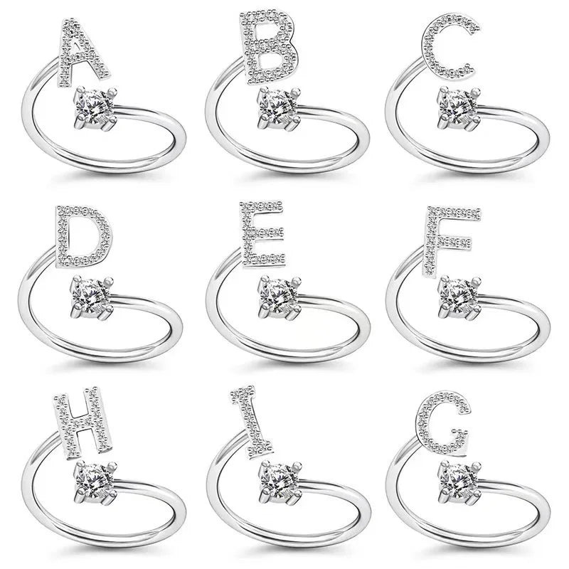 LATS Zircon Initial A-Z Letter Rings for Women Girl Adjustable Opening