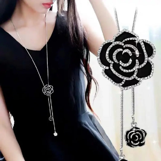1PC Women's Fashion Metal Black Rose Long Necklace Sweater Chain