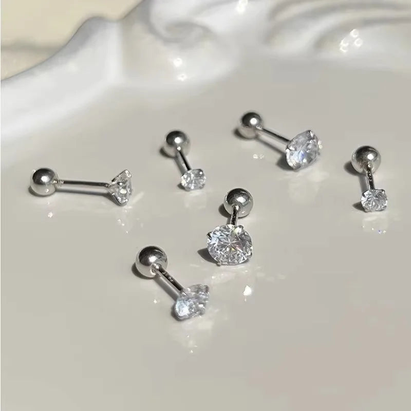 3Pairs Classic Round Cubic Zirconia Stud Earrings For Women Stainless