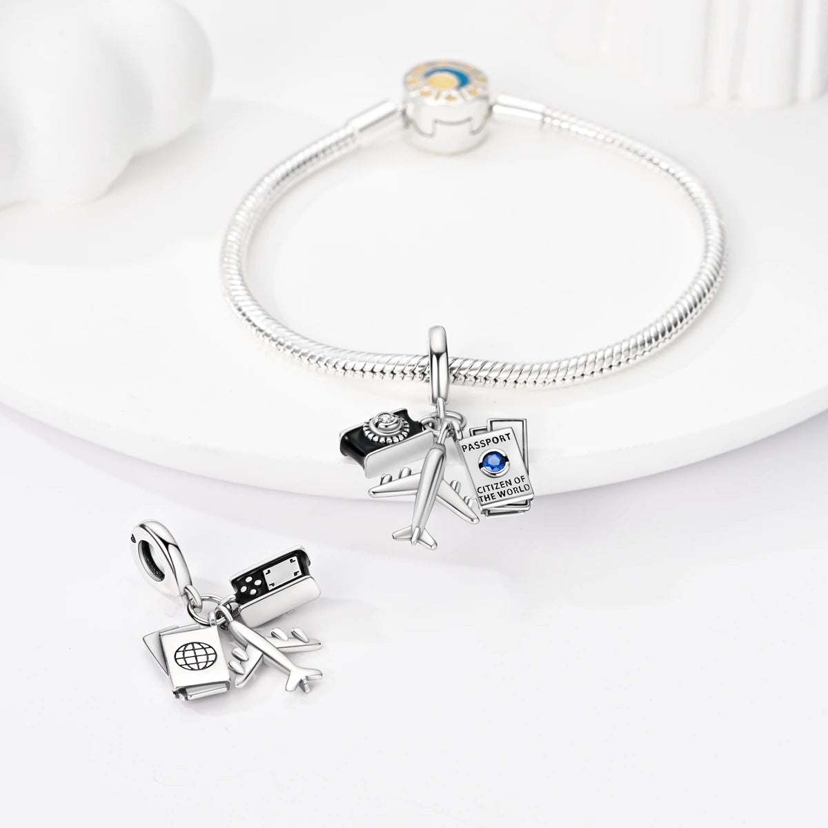 925 Silver Travel Airplane Passport Charms Beads Pendants Fit Original