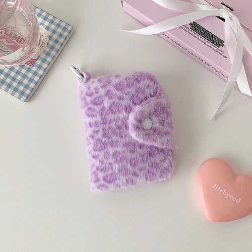 New Fashion Plush Leopard Pattern Snap Card Bag for Girls Mini Storage